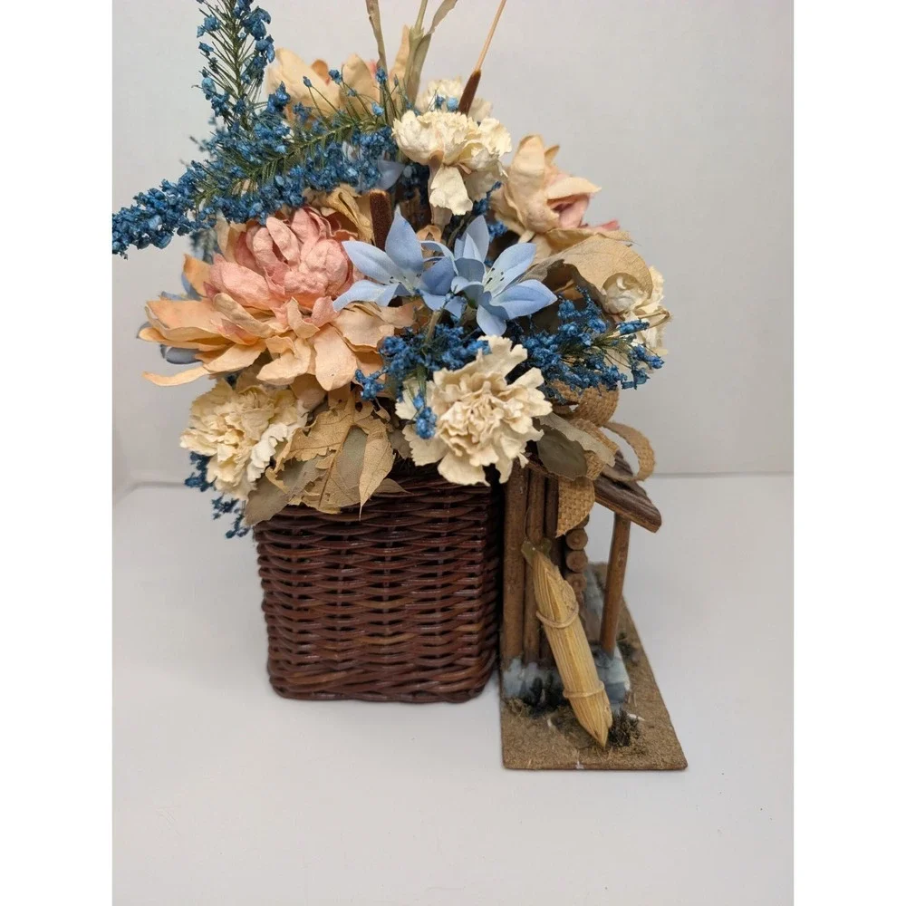 Rustic Log Cabin‎ Floral Arrangement Faux Flowers Basket Lodge Country Decor 11
